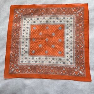 Vtg Scarf Orange & White Floral 21" Square Border Ponytail Neck Tie